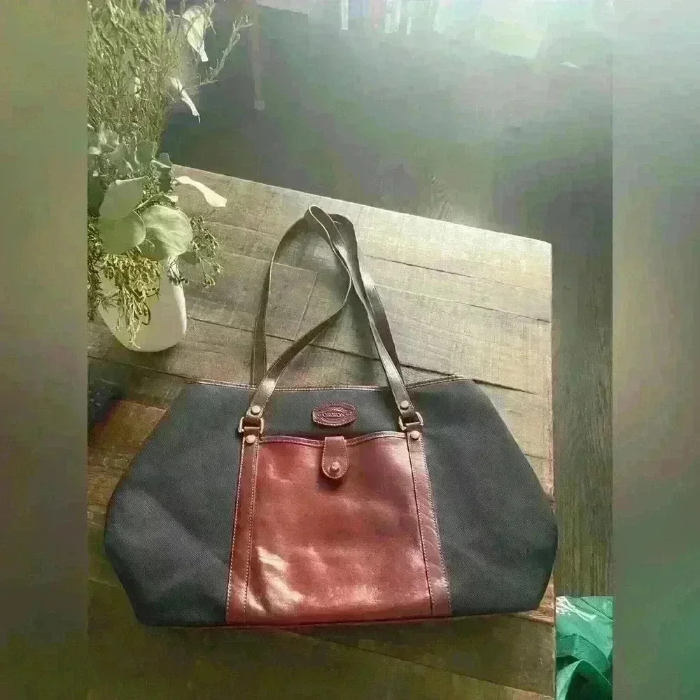 Vintage Oroton Black Brown Leather Canvas Large Satchel Bag Made In Australia